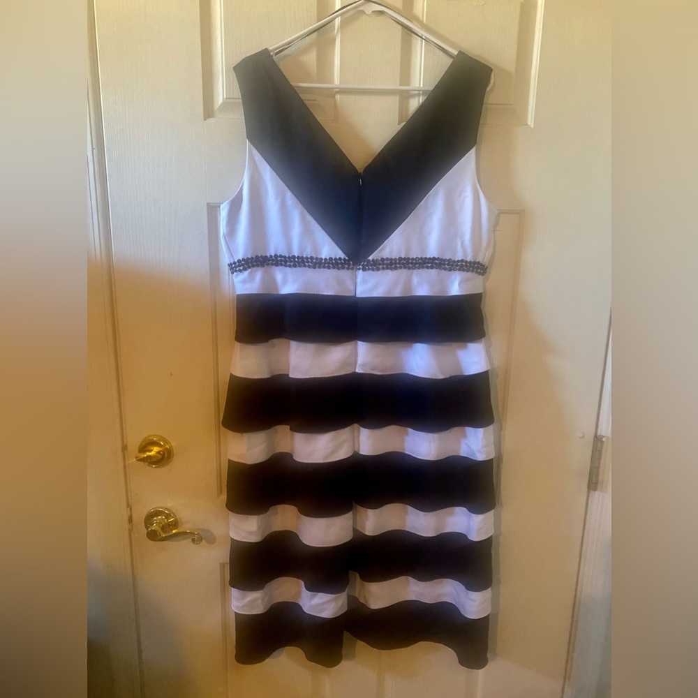 Alex Evening Dress, Black & white, layered ruffles with black beading
